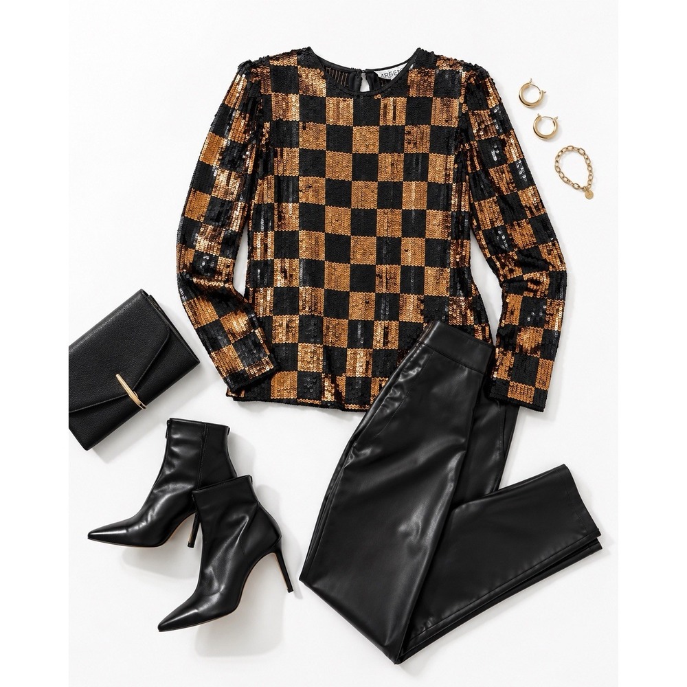 Vintage Silk Black Gold Copper Checkerboard Sequin Blouse Argenti Notte‎ Medium